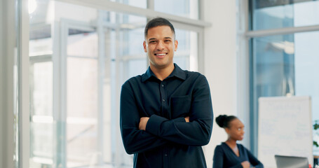 Fototapeta premium Smile, man and lawyer with arms crossed in meeting for career pride, about us and legal advisory. Portrait, person and attorney with confidence, positive attitude and representative for corporate law
