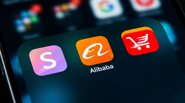 Shein, Alibaba, and AliExpress mobile logo apps on a screen smartphone iPhone. Shein, Alibaba, and AliExpress are leading global e-commerce and retail platforms for online shopping and business.