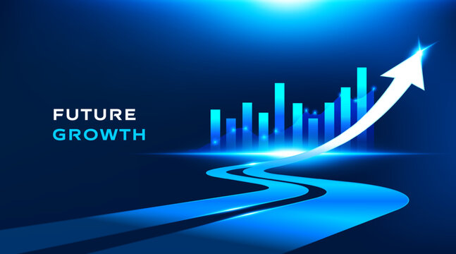 Future growth technology business vector background with glowing arrow and digital data chart. Dark blue futuristic banner design for presentation, finance, innovation, and corporate marketing