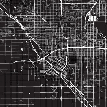 Fresno California Vector Map, Detailed City Street Map Black and White Minimalist Line Art