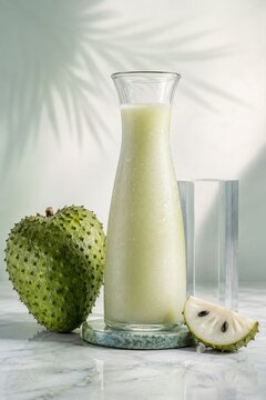 Soursop juice carafe with whole fruit and sliced tropical garnish