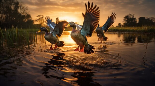 Witness the majestic moment as wild ducks take flight into the glowing warmth of a setting sun.
