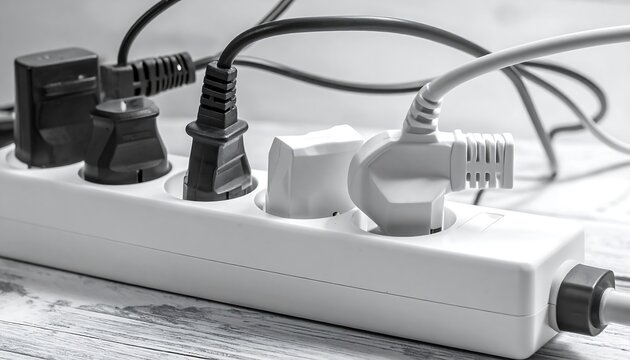 Close-up monochrome of an overloaded power strip with multiple plugs inserted. Various cables and sockets are displayed