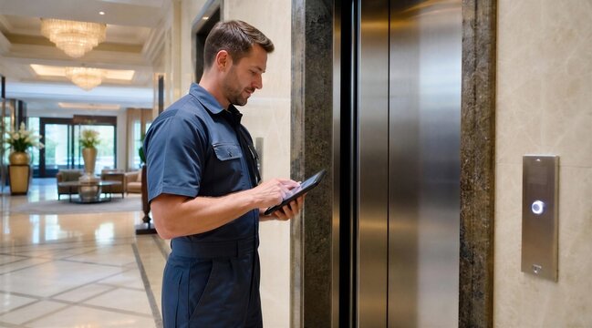 Man in uniform using tablet near elevator
