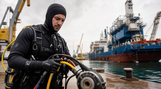 Commercial diver preparing equipment at harbor