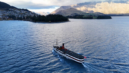 Aerial View of a Vintage Steamship Cruising on Lake Wakatipu Queenstown