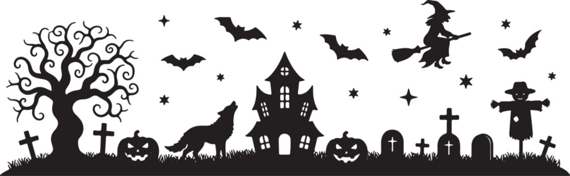 Halloween Silhouette Illustration Featuring a Spooky Haunted House, Bare Twisting Trees, Flying Bats Against a Full Moon, Jack-o-Lantern Pumpkins, and a Graveyard Scene.