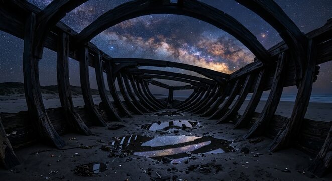 Ancient Wooden Shipwreck on a Beach under the Milky Way Galaxy