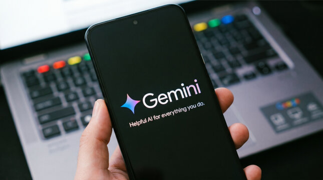 Gemini by Google mobile logo app on a screen smartphone. Google Gemini is a generative artificial intelligence chatbot developed by Google as a successor to Bard and a competitor to ChatGPT.