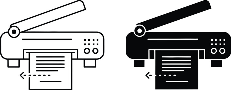 Scanner and printer icons set black and white line art illustration