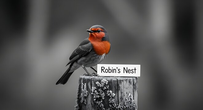 European robin perched on wooden post with a tiny nest sign
