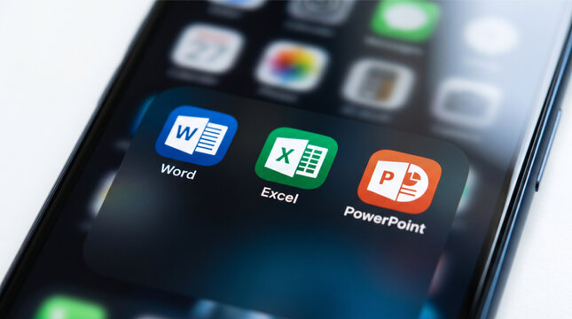 Microsoft Word, Excel, and PowerPoint mobile icons app on a screen smartphone iPhone. Microsoft 365 is a cloud-based suite of productivity apps for document editing, spreadsheets and presentations.