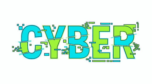 Cyber word typography with digital glitch effect and pixelated elements in cyan and lime green colors on a white background