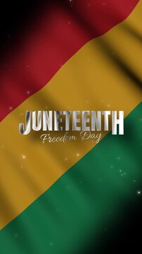 Juneteenth Freedom Day metallic silver text animation over a waving flag background with soft glowing particles. Juneteenth Vertical Video.