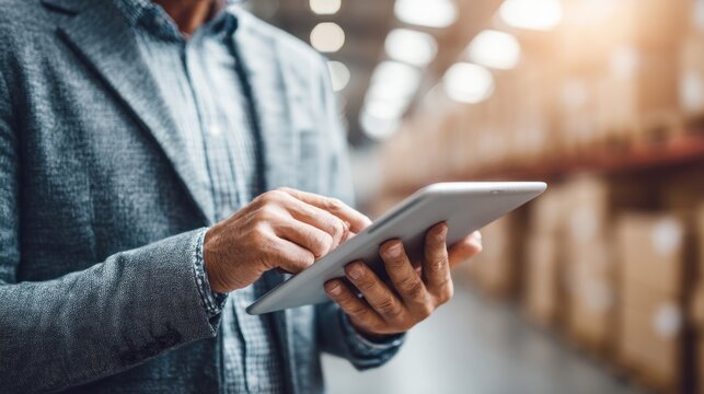 Man in suit using tablet computer in warehouse with boxes and sunlight