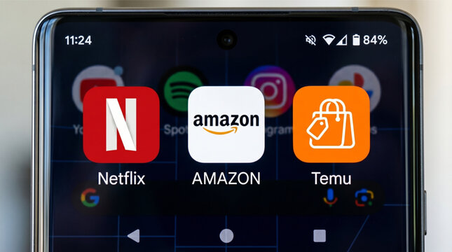 Netflix, Amazon, and Temu mobile app icons on a screen smartphone. Netflix is a streaming service, Amazon is an e-commerce platform, and Temu is a popular online discount marketplace shopping app.