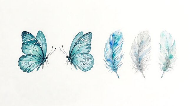 Two teal butterflies and three blue and white feathers arranged horizontally butterfly