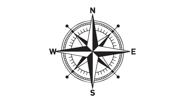 Vintage nautical compass rose vector, classic wind rose with cardinal directions, black and white maritime navigation symbol for maps and travel