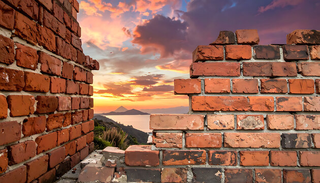 Broken brick wall framing a tropical island sunset over calm ocean water with dramatic clouds