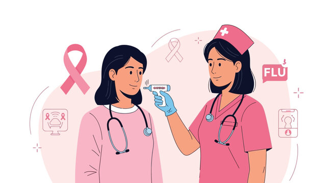 Nurse checking temperature with thermometer, breast cancer ribbon background
