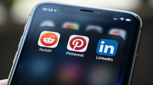 Reddit, Pinterest, and LinkedIn mobile icons app on a screen smartphone iPhone. Reddit is a community hub, Pinterest is for visual discovery, and LinkedIn is a professional networking site.