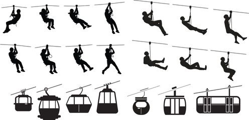 Zip Line Rider and Cable Car Collection: A dynamic compilation featuring silhouettes of individuals zip-lining and various cable car designs, illustrating adventure and transport. transparent  © Salman