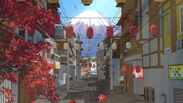 Autumn Street with Lanterns and Mount Fuji - Cozy Japanese Anime Loop
