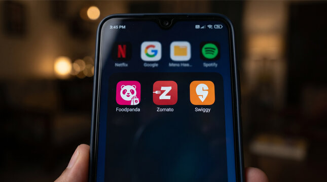 Foodpanda, Zomato, and Swiggy mobile logo app icons on a screen smartphone. Foodpanda, Zomato, and Swiggy are leading food delivery and restaurant discovery platforms for online ordering services.
