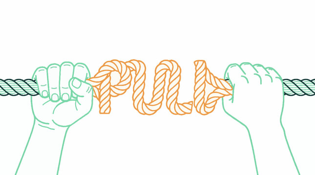 Two hands pulling a rope shaped into the word PULL in a minimalist vector illustration style on a white background