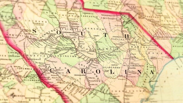 Macro View of Vintage Map Highlighting South Carolina USA with Detailed Geographic Cartography
