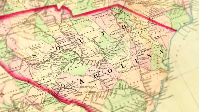Macro View of Vintage Map Highlighting South Carolina USA with Detailed Geographic Cartography