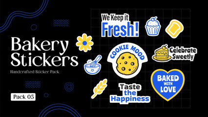 Naklejka premium Bakery Sticker Bundle with Donuts, Cupcakes, Cookies and Freshly Baked Typography