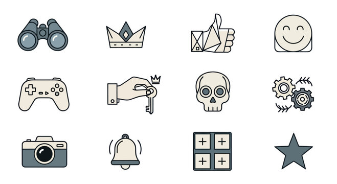 Set of Icons: Binoculars, Crown, Broken Thumb, Smiley, Controller, Key, Skull, Gears, Camera
