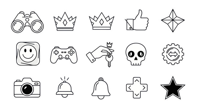 Set of Icons: Gaming, Royalty, Communication, and Technology Symbols