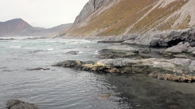 Gaze upon the tranquil yet powerful flow of water moving around textured rocks on the dramatic shore of Arctic Svalbard, Norway. A calm, grey sky stretches over this magnificent northern landscape.