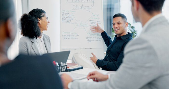 Businessman, whiteboard or presentation with group for marketing strategy or discussion in boardroom. Man, colleagues or speaker with mindmap, team or employees for business plan ideas in workplace