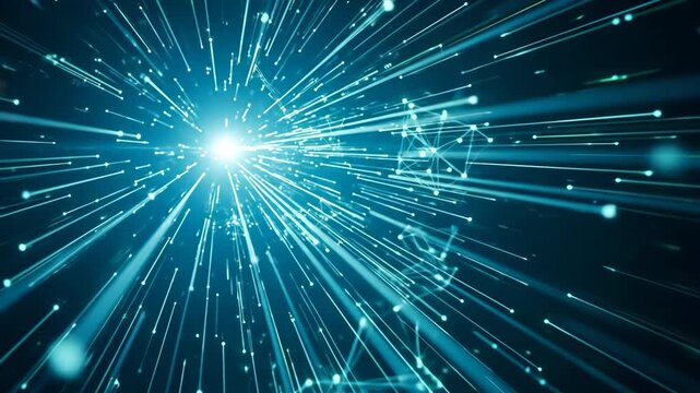 Abstract visualization of digital data streams and network connections expanding outwards from a central bright light source.