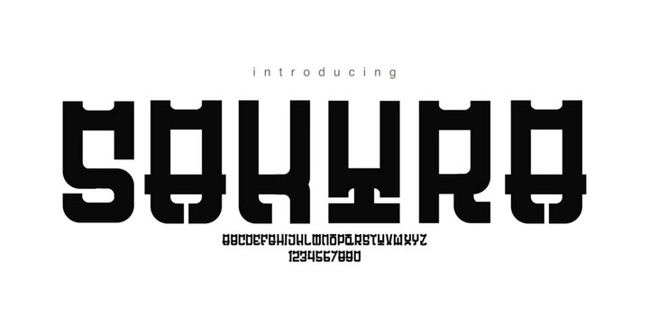 Sakura: A chunky Japanese display font. Bold geometric oriental tech typeface for anime branding and modern food packaging.