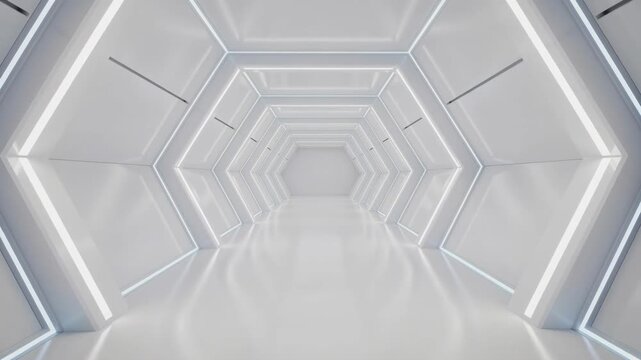 Futuristic white corridor with hexagonal shapes and glowing LED lights in modern interior design