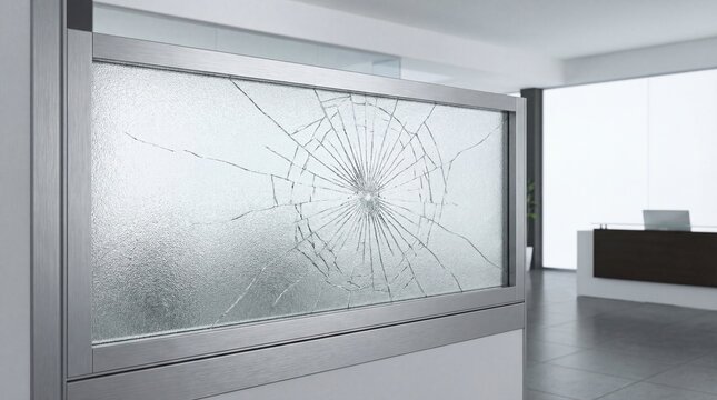 Cracked glass forming in timelapse video overlay concept. A close-up of a shattered glass partition in a modern office space.