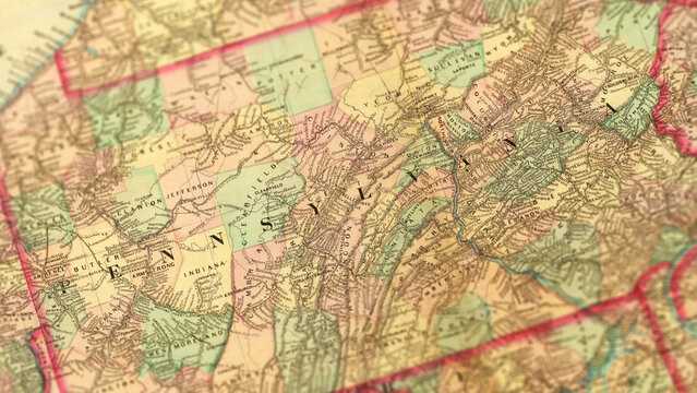 Macro View of Vintage Map Highlighting Pennsylvania USA with Detailed Geographic Cartography