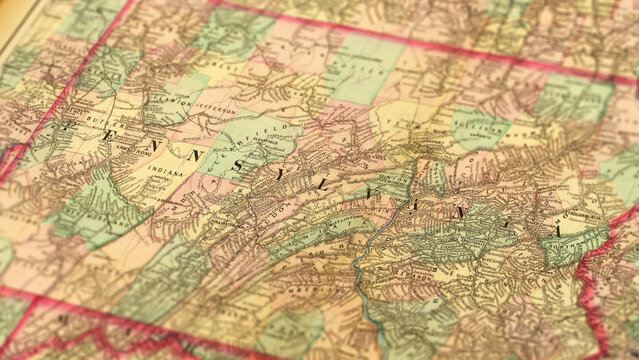 Macro View of Vintage Map Highlighting Pennsylvania USA with Detailed Geographic Cartography