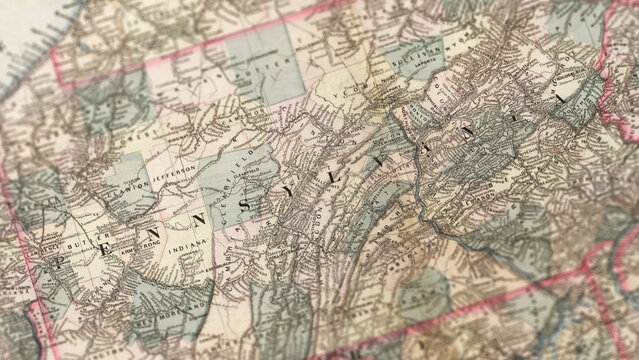 Macro View of Vintage Map Highlighting Pennsylvania USA with Detailed Geographic Cartography
