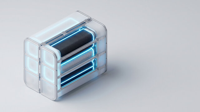 Translucent rectangular module with stacked material cartridges and blue illumination on light background with copy space