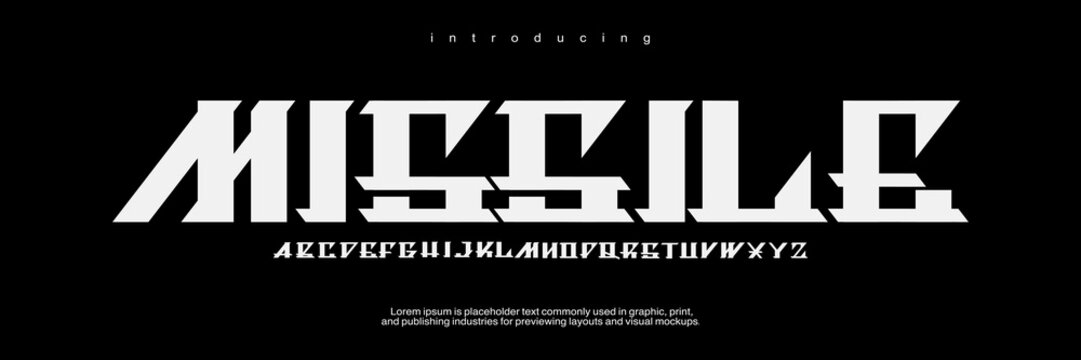 Missile: A tactical military display. Bold sci-fi font for gaming logos, warfare branding, and futuristic action posters.