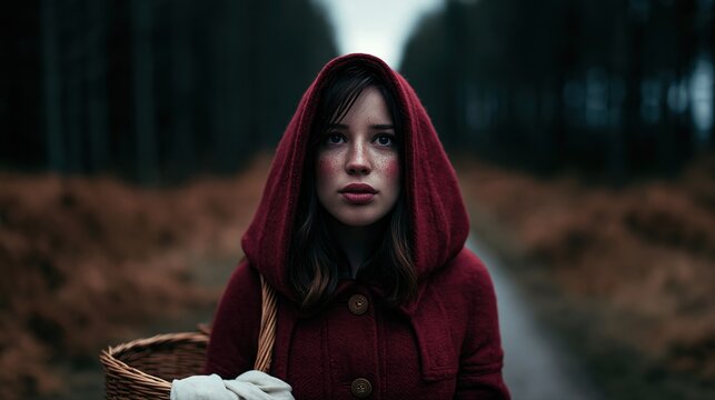 woman in red hooded cloak in forest