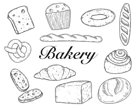 Hand drawn black bakery set of different types of bread line art vector