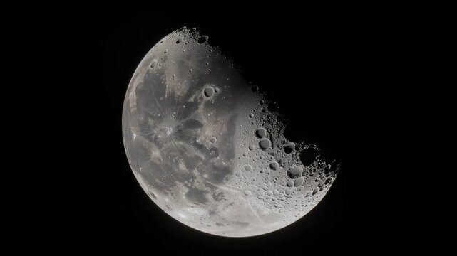 Detailed close-up of the moon surface with craters and shadows in the night sky