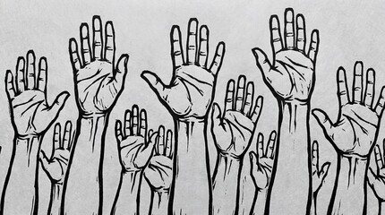 Fototapeta premium Silhouette with raised hands and broken chains concept. A powerful illustration of raised hands symbolizing unity and support.