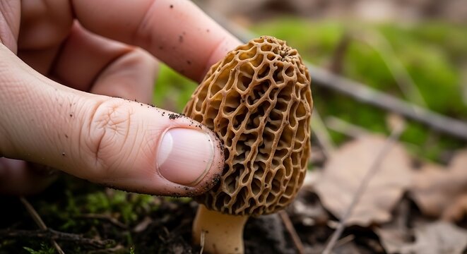 A persons hand gently holds a distinctive morel mushroom, showcasing its honeycomb-like cap, found during a foraging expedition in the woods.